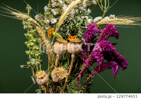 Dried Floral Arrangement with Wheat and Poppy Pods on Green Dried Floral Arrangement with Wheat and Poppy Pods on Green 129774631