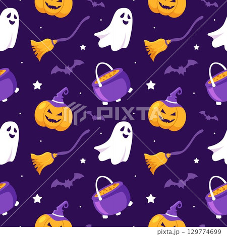 Happy Halloween Night Festival Seamless Pattern Design with Spooky Elements in Illustration Template 129774699