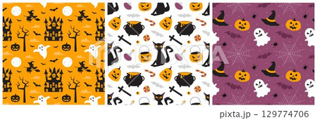 Happy Halloween Night Festival Seamless Pattern Design with Spooky Elements in Illustration Template 129774706