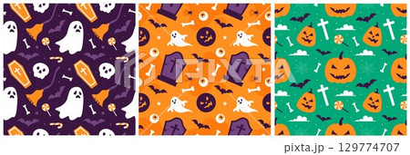 Happy Halloween Night Festival Seamless Pattern Design with Spooky Elements in Illustration Template 129774707
