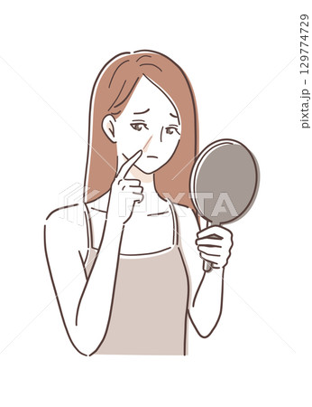 手鏡を見てほうれい線が気になる女性のイラスト素材 129774729
