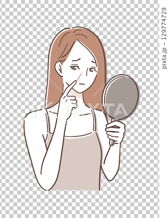 手鏡を見てほうれい線が気になる女性のイラスト素材 129774729
