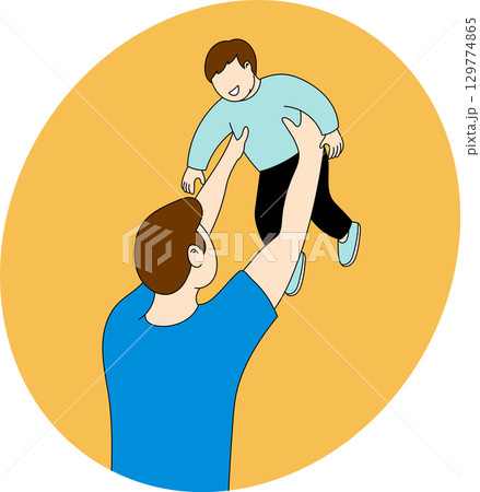 Vector illustration of a father holding and lifting his baby child happily in the air, rear view family love concept. Perfect for parenting, fatherhood, childhood, and family lifestyle themes. 129774865