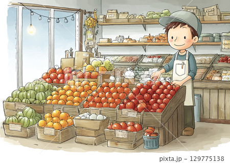 果物屋でフルーツをきれいに並べる店員 129775138