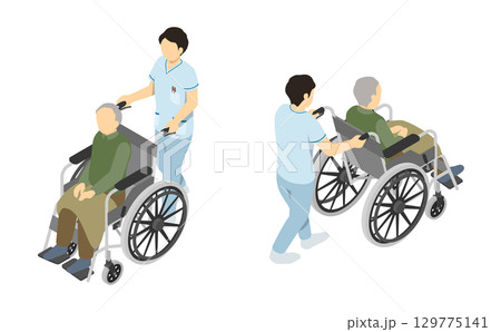 アイソメトリックイラスト：車椅子に乗るおじいさん 129775141