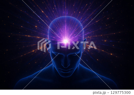 AI generated artwork of a human head glowing with radiant light and cosmic energy symbolizing intelligence meditation spirituality and futuristic awakening 129775300