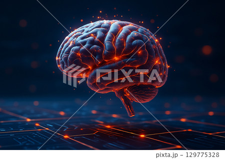 AI generated conceptual digital art of a glowing human brain floating above a futuristic digital network with vibrant light energy symbolizing intelligence and innovation 129775328