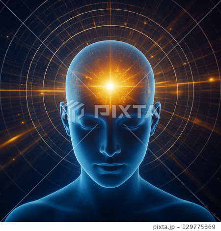 AI generated conceptual futuristic art of human head with glowing third eye and circular energy radiance symbolizing consciousness creativity and cosmic connection 129775369