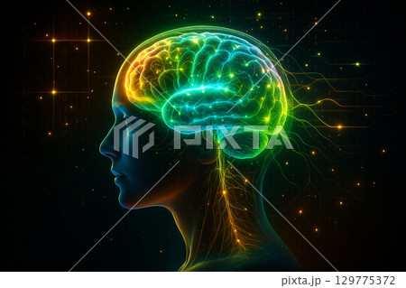 AI generated conceptual digital art of a glowing brain inside a human profile head with colorful energy lines and futuristic data network background 129775372