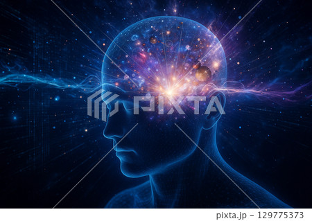 AI generated conceptual futuristic artwork showing a transparent human head with glowing brain radiating light energy cosmic particles and neural connections in vibrant colors 129775373