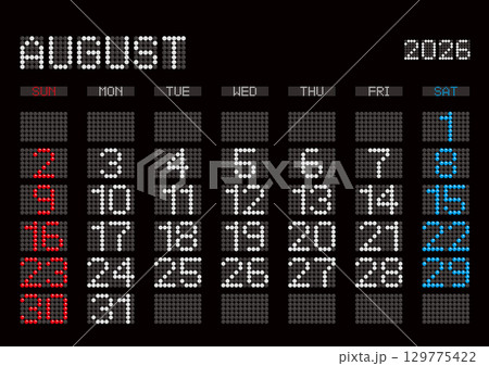 2026年8月の電光掲示板風カレンダー 日曜始まり 日本の祝日表記無し 129775422