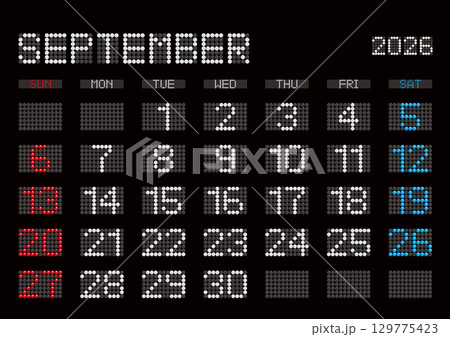 2026年9月の電光掲示板風カレンダー 日曜始まり 日本の祝日表記無し 129775423
