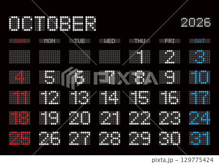 2026年10月の電光掲示板風カレンダー 日曜始まり 日本の祝日表記無し 129775424