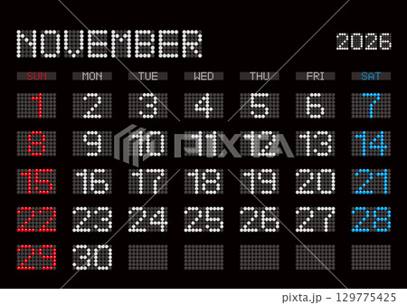 2026年11月の電光掲示板風カレンダー 日曜始まり 日本の祝日表記無し 129775425