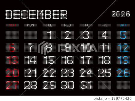 2026年12月の電光掲示板風カレンダー 日曜始まり 129775426