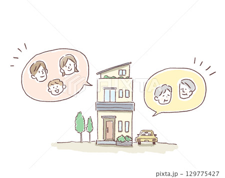 家と家族、二世帯住宅、白背景 129775427