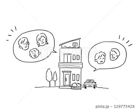 家と家族、二世帯住宅、線画 129775428