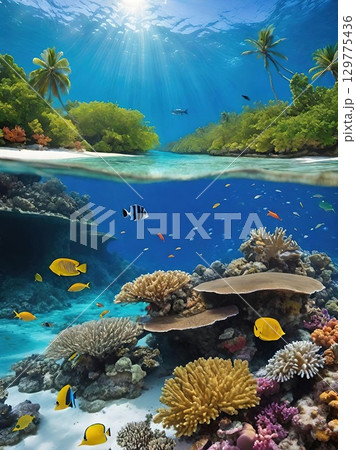 A sandy beach with palm trees and vibrant coral reefs filled with colorful fish 129775436