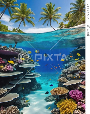 A sandy beach with palm trees and vibrant coral reefs filled with colorful fish 129775437