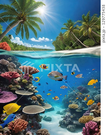 A sandy beach with palm trees and vibrant coral reefs filled with colorful fish 129775438