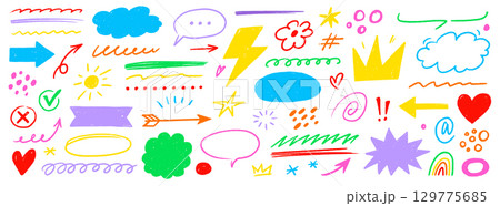 Hand drawn line chalk set. Crayon line arrow, speech bubble, pencil highlight and textured brush icon with cartoon heart, hand drawn marker element. Chalkboard frame sketch. Vector 129775685