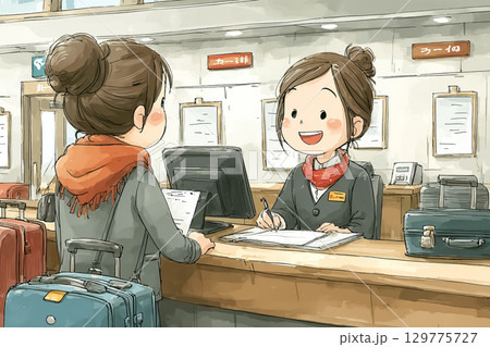 美優シリーズ：空港の手荷物カウンターで女性スタッフが旅行者の荷物を受付しているシーン 129775727