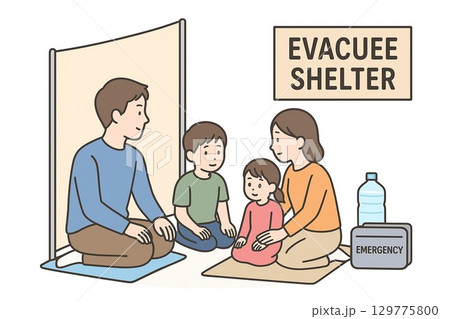 避難場所の家族（英語） 129775800