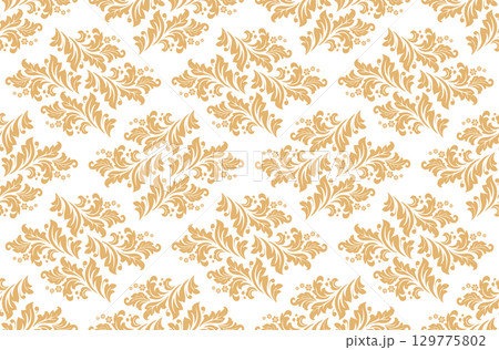 Floral pattern. Seamless vector background. Vintage wallpaper in the Baroque style. White and golden ornament for fabric, wallpaper, packaging. Ornate Damask flower illustration 129775802