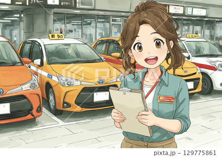 美優シリーズ：タクシー乗り場で女性タクシードライバーが乗客に乗車案内しているシーン 129775861