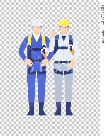 フルハーネスを着用した建設作業員の男性 安全第一で高所作業に挑む二人組のイラストセット 129775888