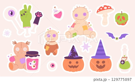 Halloween elements sticker pack. Cartoon bones, zombie hand, cat paw, voodoo dolls, poison bottles and spider web. Witchcraft set, vector clipart 129775897