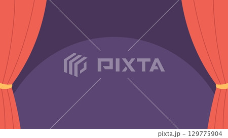 Banner with theater stage background. Open red curtain in theater or circus. Poster with empty space for design, presentation, diploma, vector template 129775904