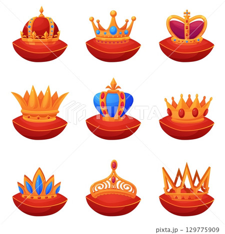 Crowns on pillows. Golden king princess queen crown on red pillow. Isolated royal symbols, ceremonial traditional kingdom items, nowaday vector set Crowns on pillows. Golden king princess queen crown on red pillow. Isolated royal symbols, ceremonial traditional kingdom items, nowaday vector set 129775909
