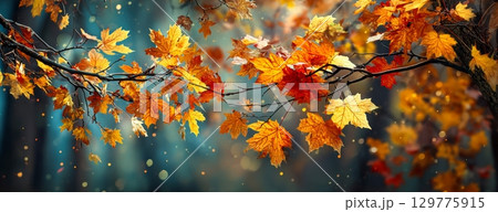秋の陽光に輝く美しい紅葉 129775915
