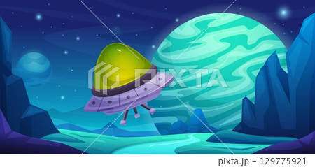 Alien ship travel. Spaceship hovering lands or takes off from planet. Interstellar transport, universe travelling and space adventures nowaday vector landscape 129775921
