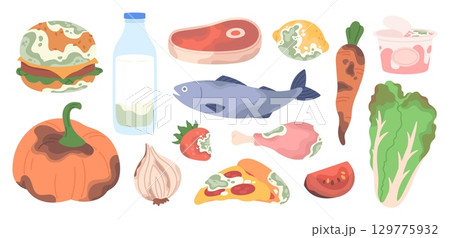 Cartoon expired products. Compost elements, organic waste. Unwise use of food resources. Fruits and vegetables with mildew, recycle waste racy vector set 129775932