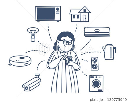 People smart home concept. Iot digital smart technologies, remote control of house appliances via smartphone. Use devices recent vector concept 129775940