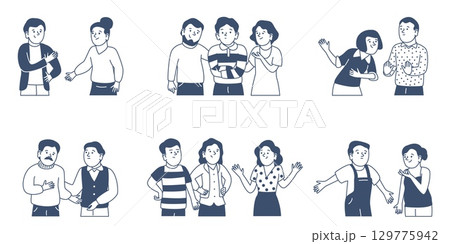 Friends communication. People talking with friends, sisters, parents, colleagues. Student talk, young adults meeting. Doodle style recent vector set 129775942