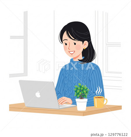 リモートワークでノートパソコンに向かって微笑む女性のイラストです。 129776122