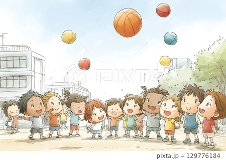子どもたちが玉入れで楽しむ運動会 129776184