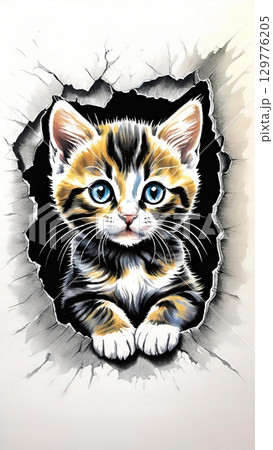 Cute kitten illustration peeking through torn cardboard hole 129776205