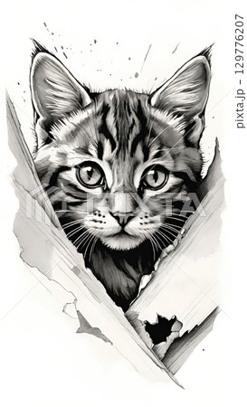 Cute kitten illustration peeking through torn cardboard hole Cute kitten illustration peeking through torn cardboard hole 129776207