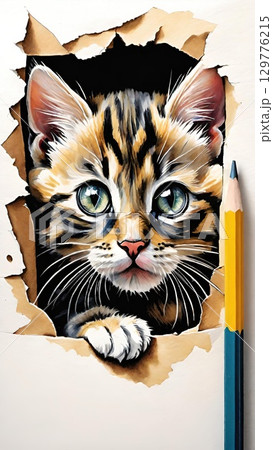 Cute kitten illustration peeking through torn cardboard hole Cute kitten illustration peeking through torn cardboard hole 129776215