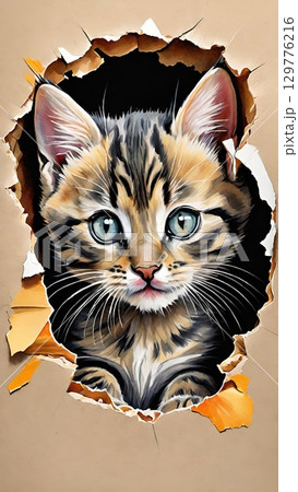 Cute kitten illustration peeking through torn cardboard hole 129776216