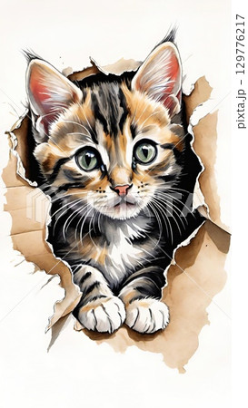 Cute kitten illustration peeking through torn cardboard hole Cute kitten illustration peeking through torn cardboard hole 129776217