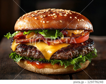 Big juicy hamburger on a wooden board with lettuce. Homemade burgers. AI Generated. 129776240