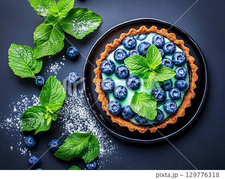 Top view, Tart with berries and custard. Delicious sweet pastry with berries. AI Generated. Top view, Tart with berries and custard. Delicious sweet pastry with berries. AI Generated. 129776318