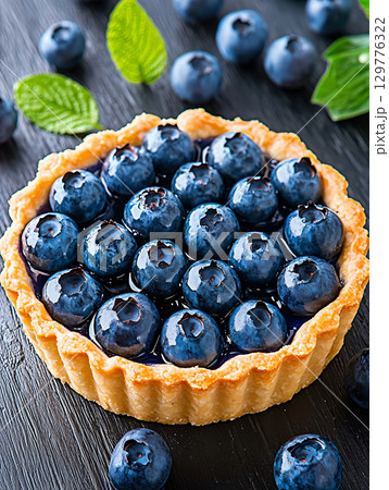 Blueberry tart. Delicious sweet pastry with berries. AI Generated. 129776322