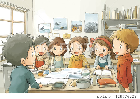 子どもたちが教室で文化祭の展示を準備している 129776328