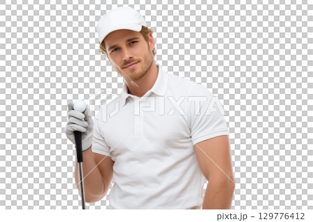 AI-generated item. Male golfer in a white polo shirt and cap, holding a golf club and ball. 129776412